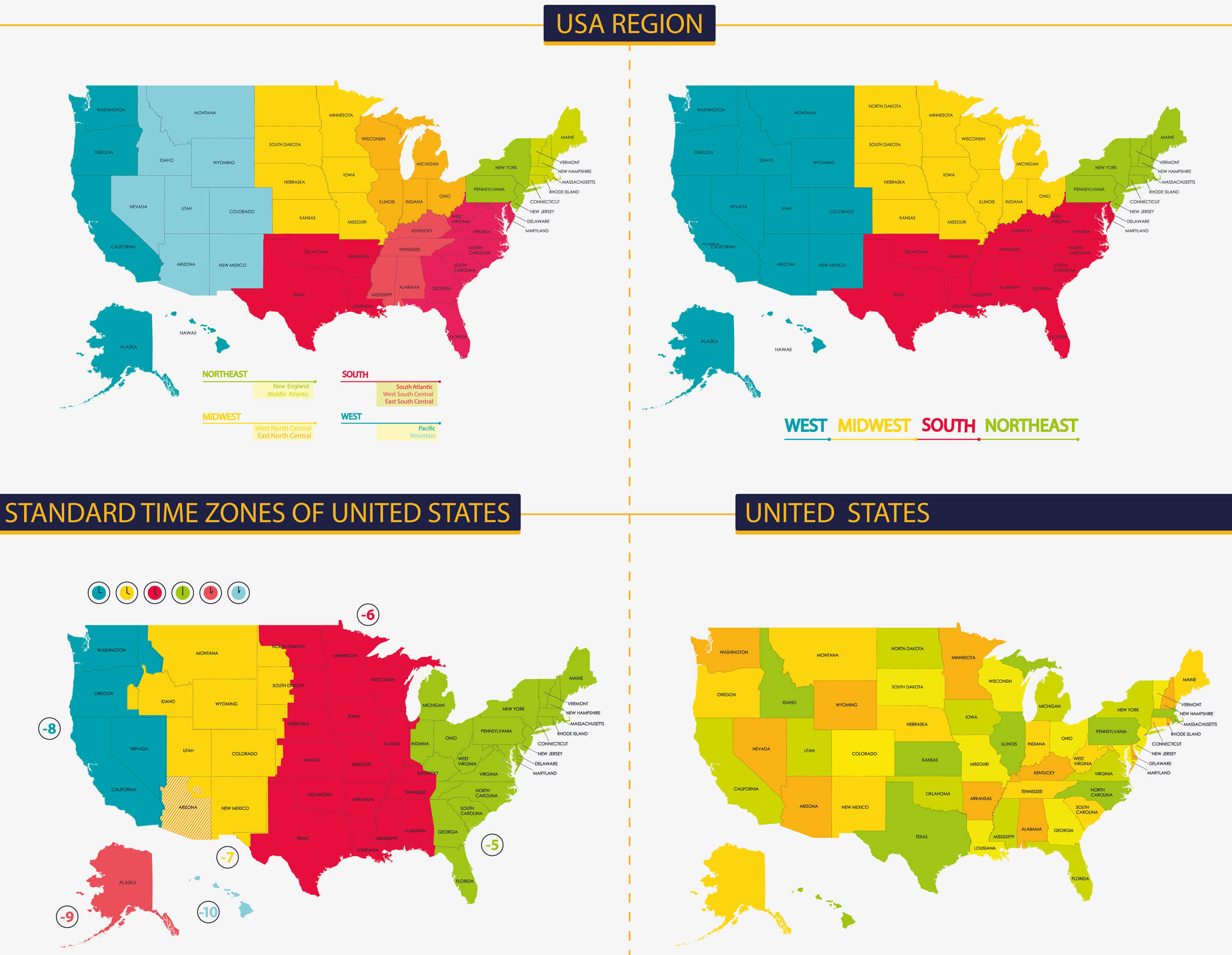 Standard Time Zones Map of United States